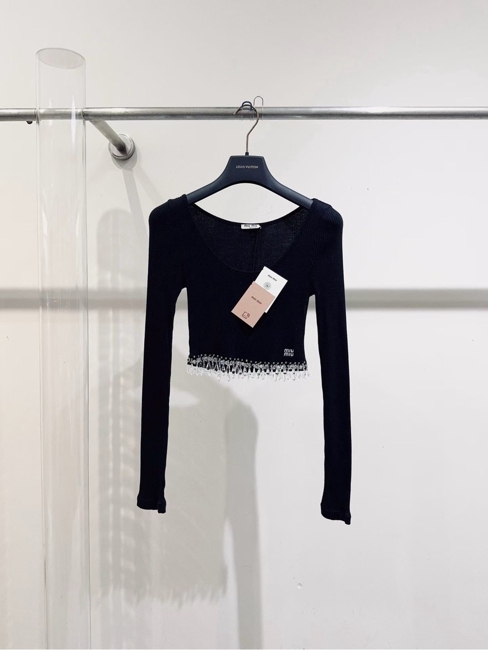Miu Miu Black Cropped Long-Sleeve Knit Top with Fringe Hem